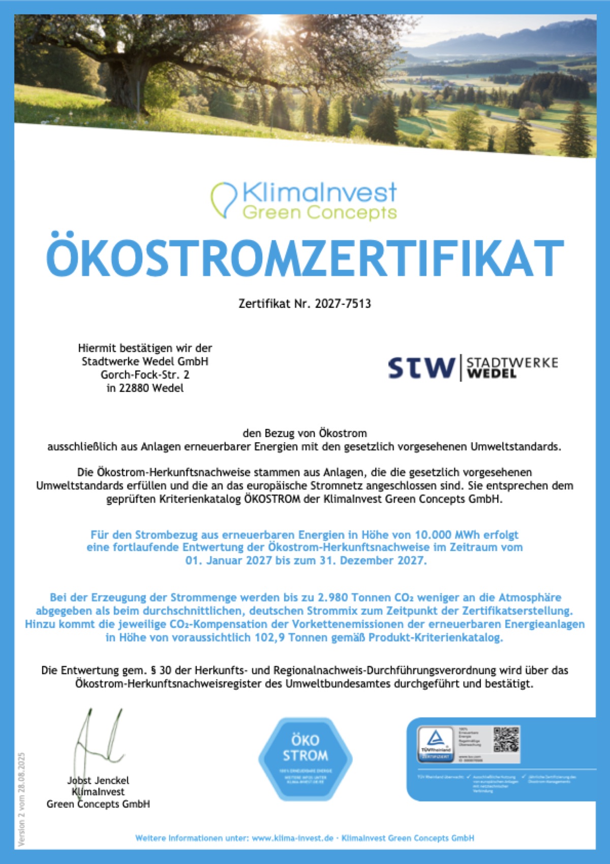 Ökostrom-Zertifikat 2027 der Stadtwerke Wedel GmbH